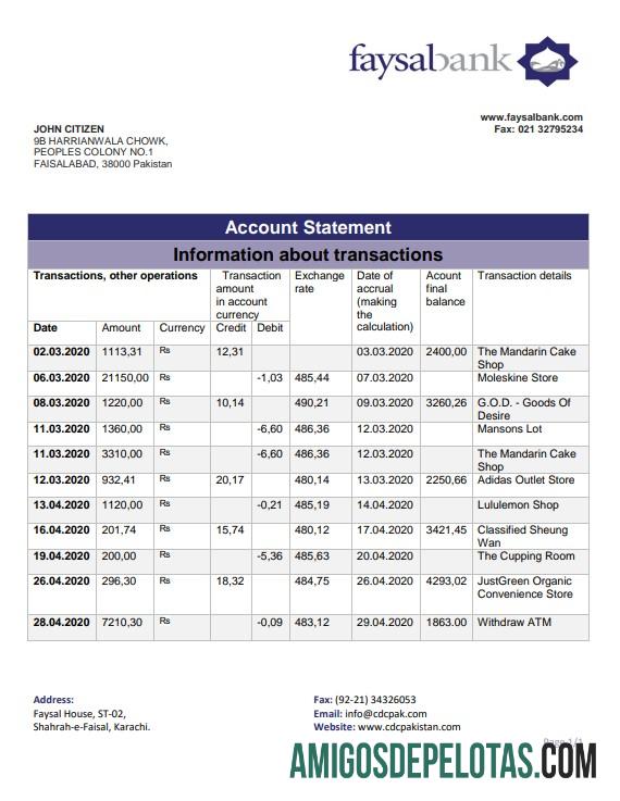 Modelo realista de extrato bancário Faysal do Paquistão em formato Word e PDF